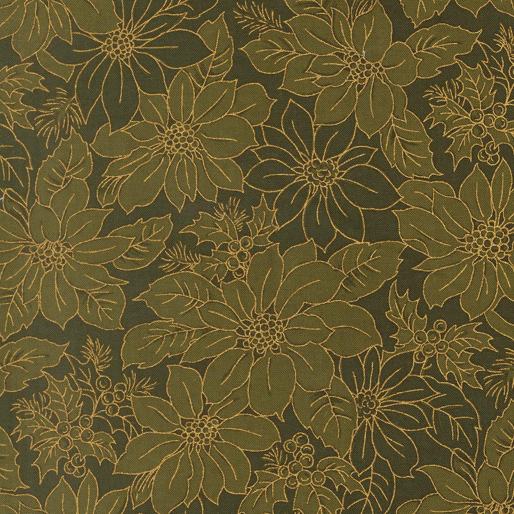 Fabric Moda Evergreen Poinsettia Blooms Merry Manor Metallic by the Quarter Yard 33862-13M