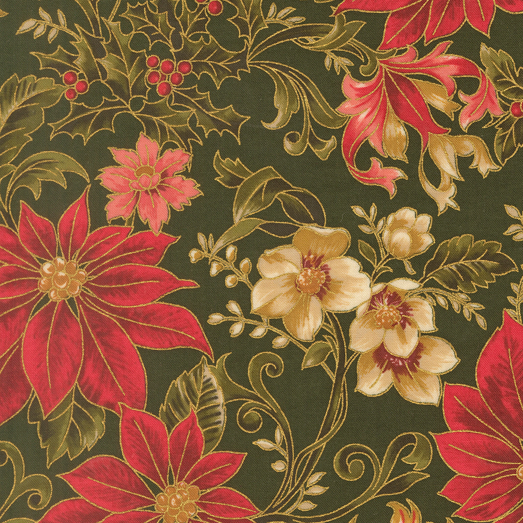 Fabric Moda Evergreen Poinsettia Merry Manor Metallic by the Quarter Yard 33860-13M