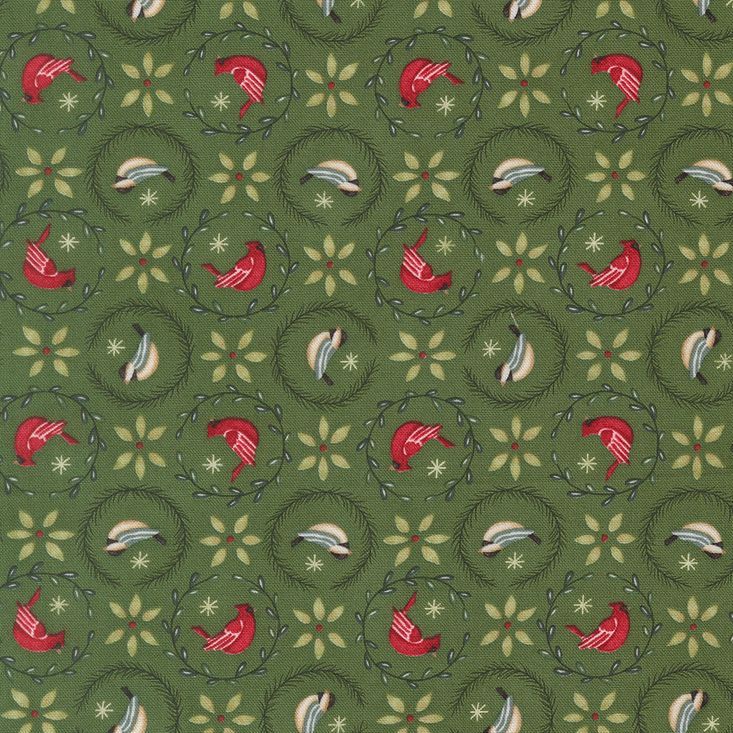 Fabric Moda Evergreen Tiny Birds in Wreaths When Snow Falls by the Quarter Yard 56173-17