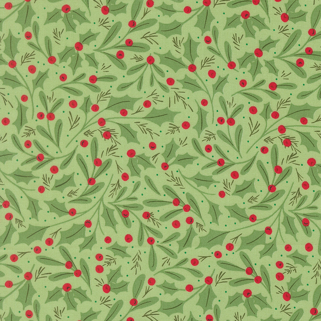 Pattern of green leaves and red berries on a green background