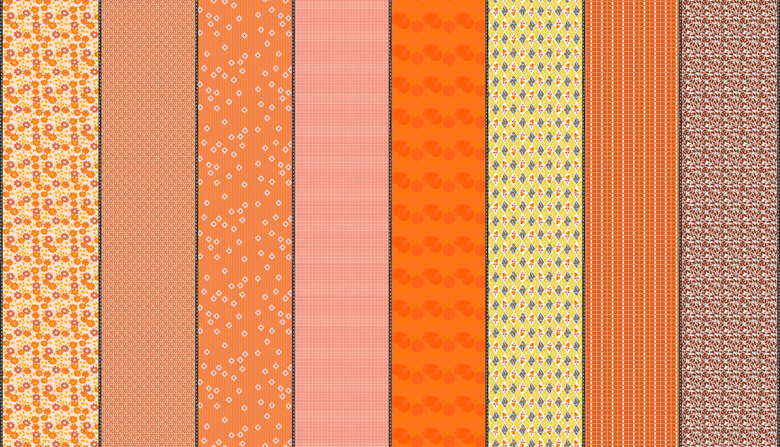 Set of vertical color swatches with various patterns and colors.