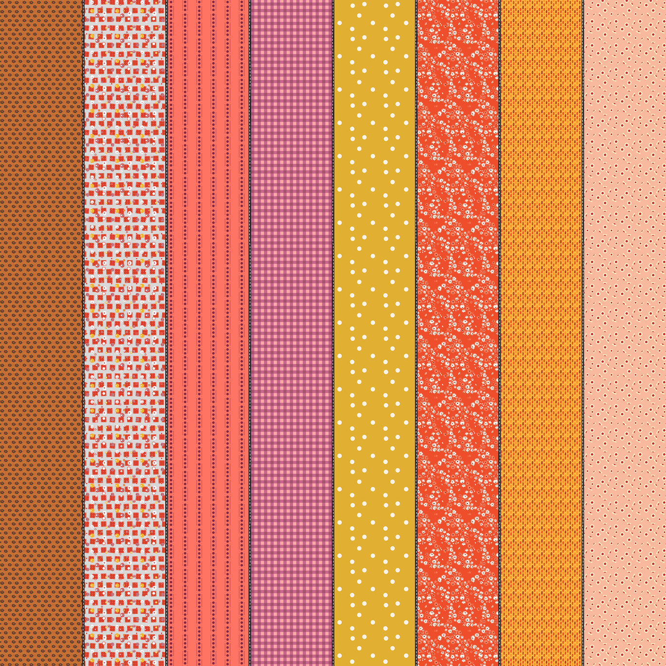Set of vertical color swatches with various patterns and colors.