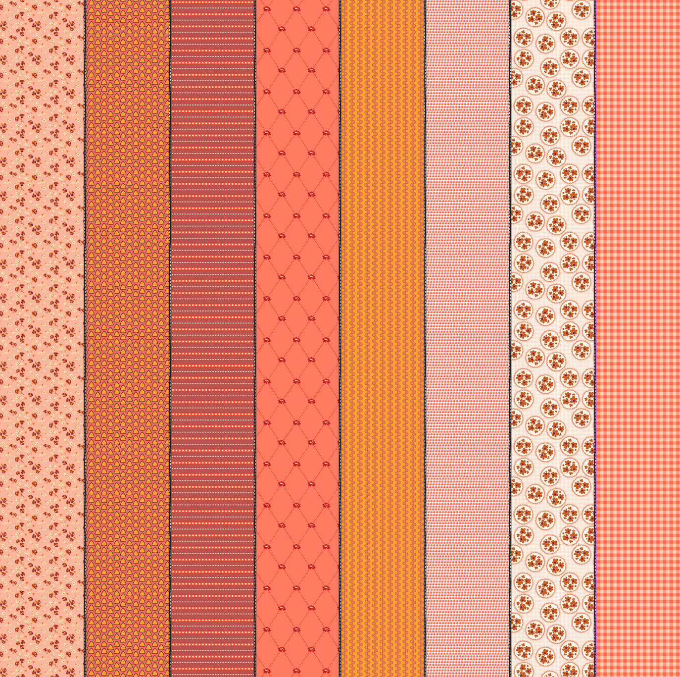 Patterned fabric swatches in various shades of orange and pink.