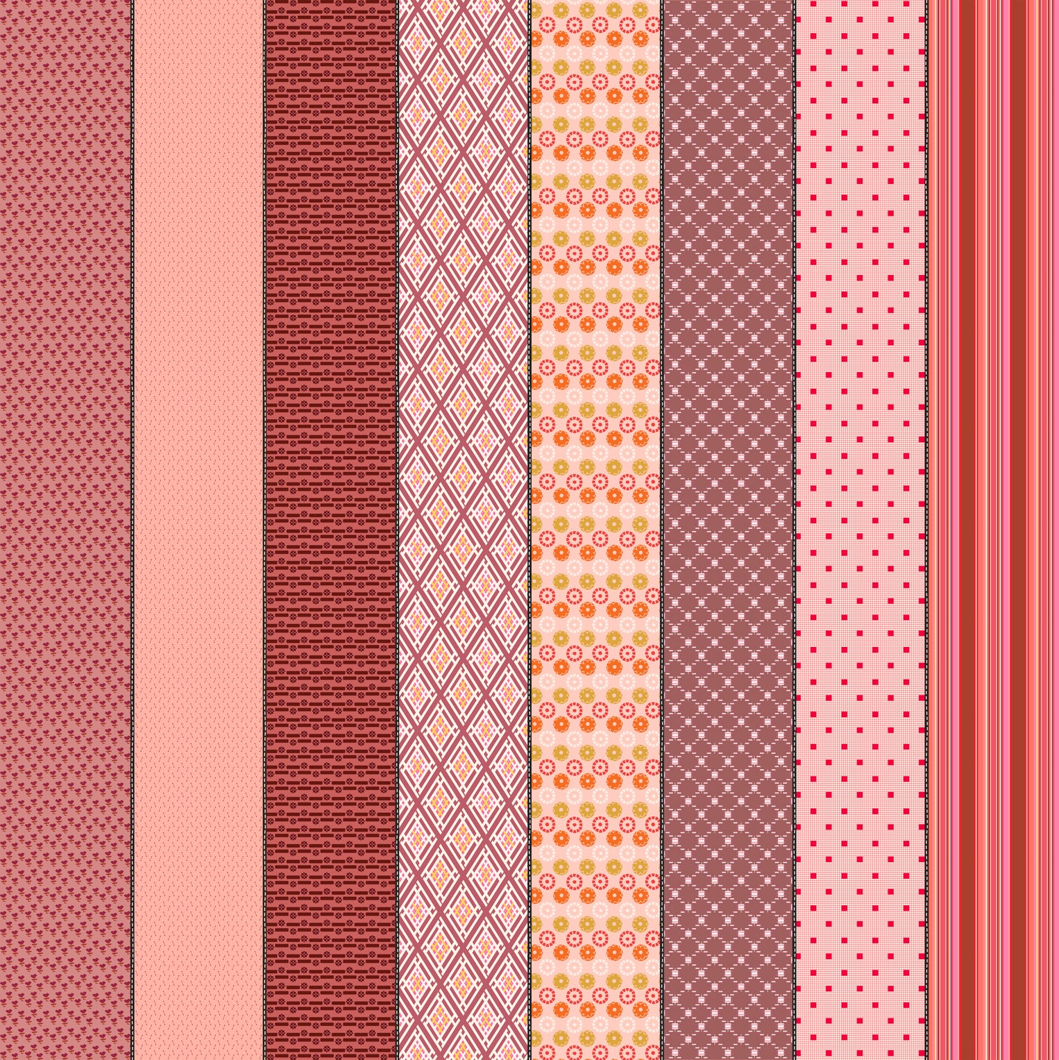 Collection of pink and red patterned strips arranged vertically.