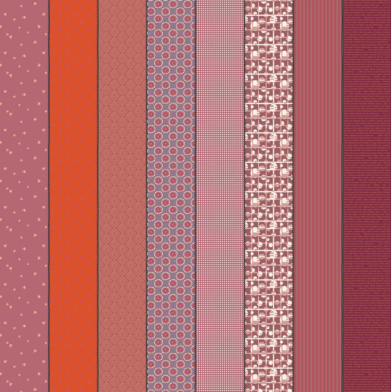 Patterned vertical stripes in various colors on a red background