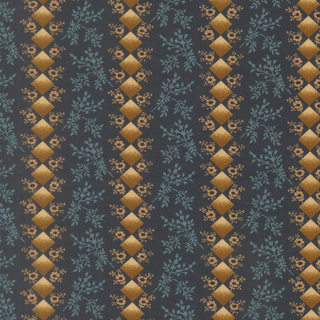 Patterned fabric with gold geometric shapes and blue floral elements on a dark background
