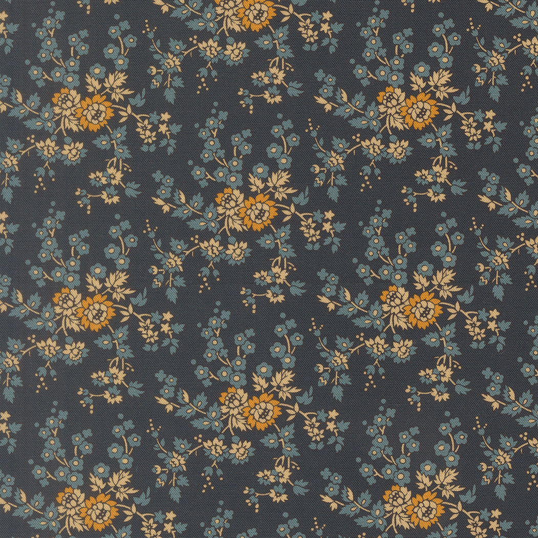 Floral pattern with yellow and blue flowers on a dark background