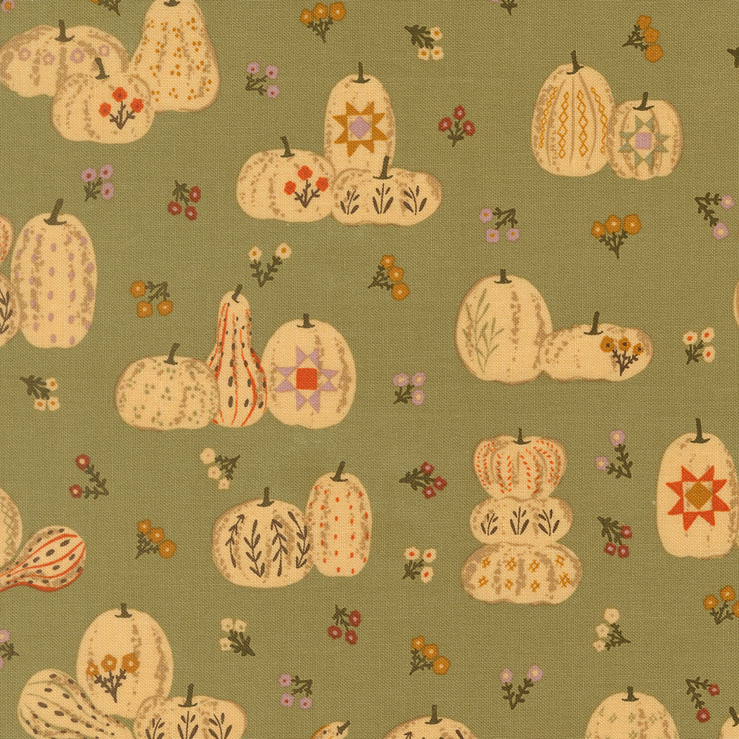 Pattern of decorative pumpkins and gourds on a green background