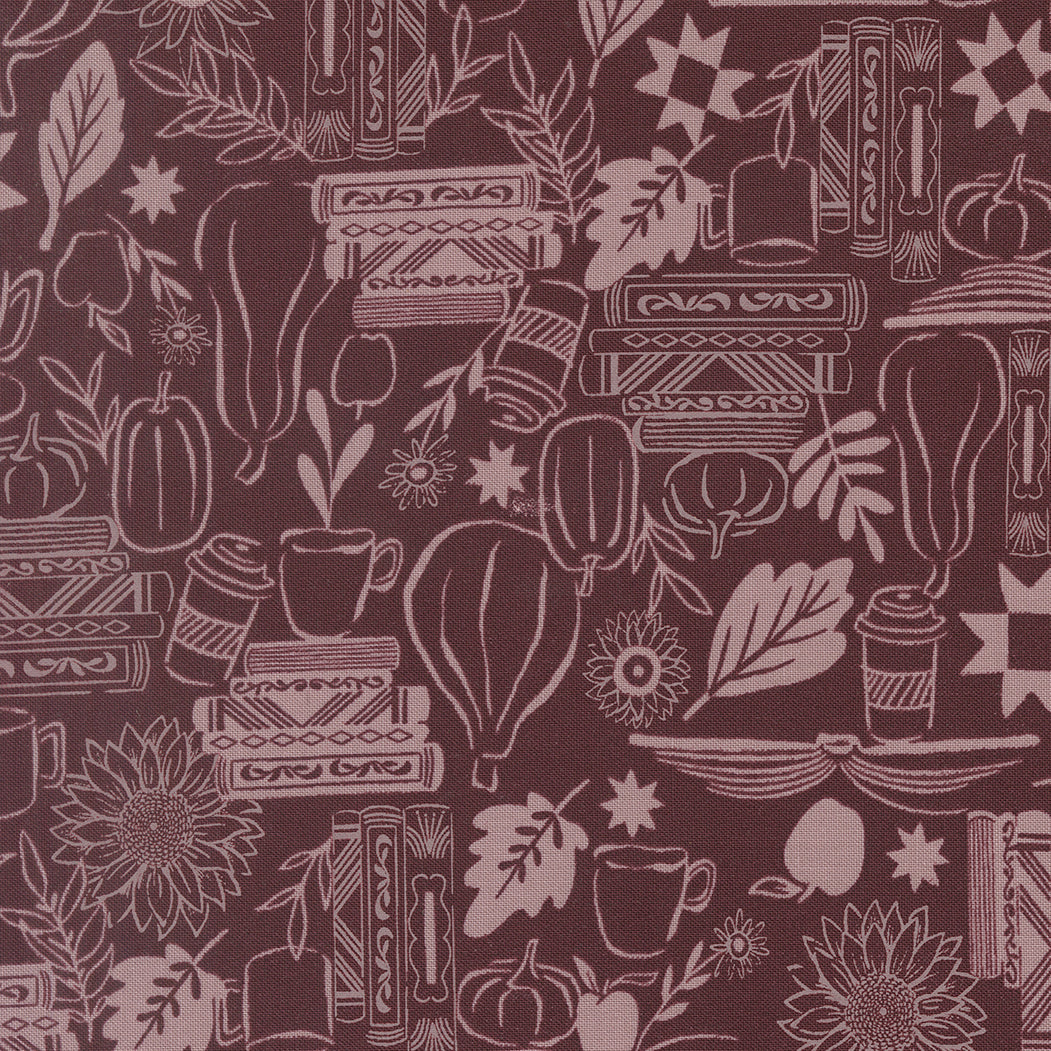 Pattern of books, cups, and leaves on a dark background