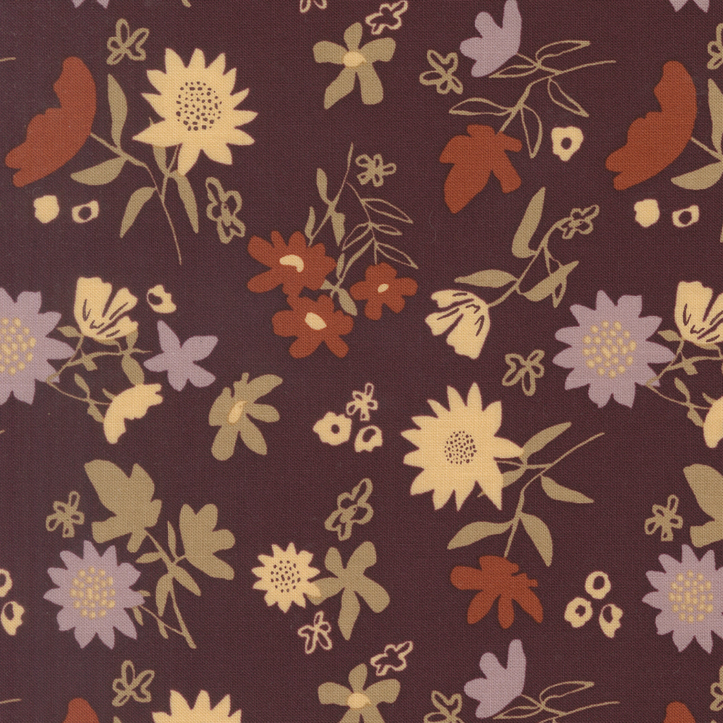 Floral pattern with various flowers and leaves on a brown background