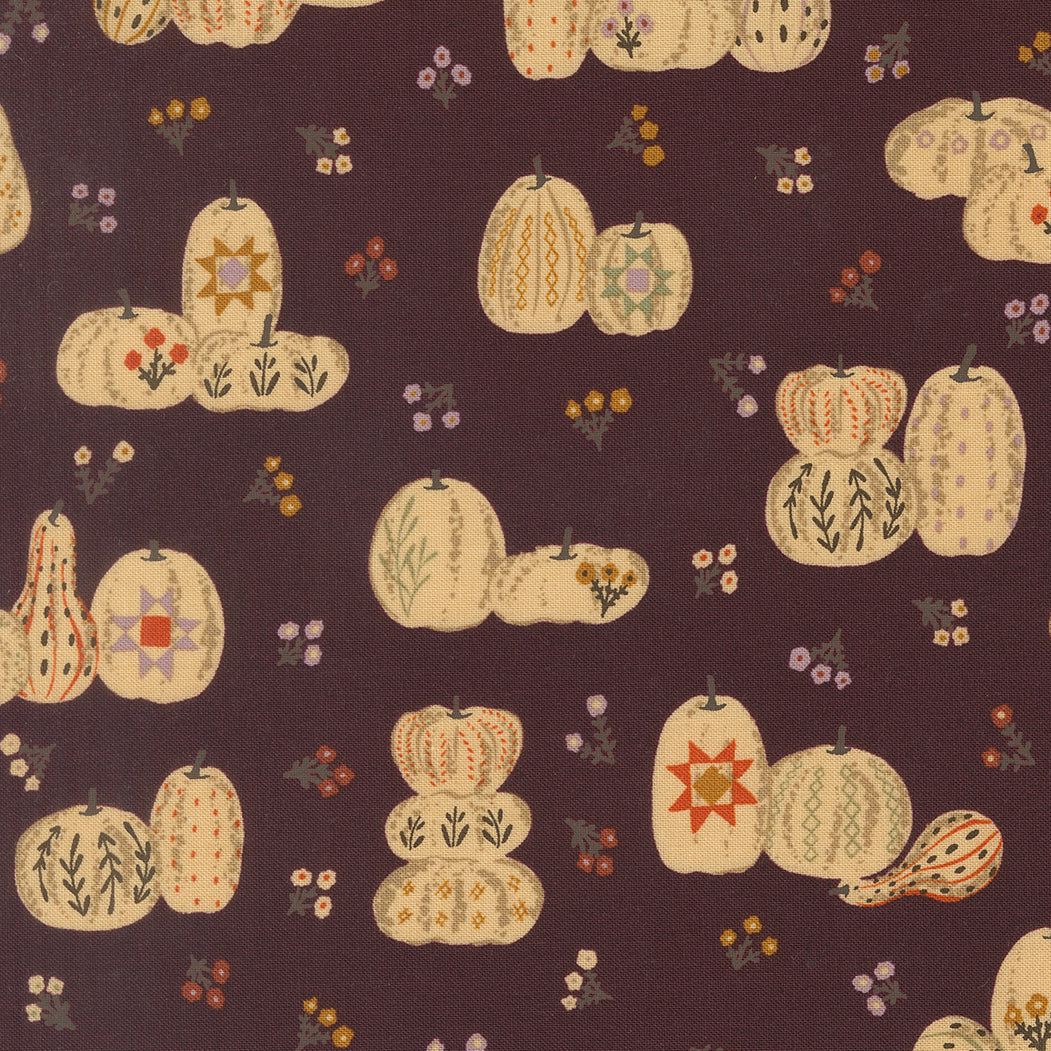 Pattern of decorative pumpkins and gourds on a dark brown background
