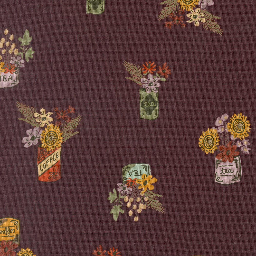 Pattern of tea canisters and flowers on a dark background