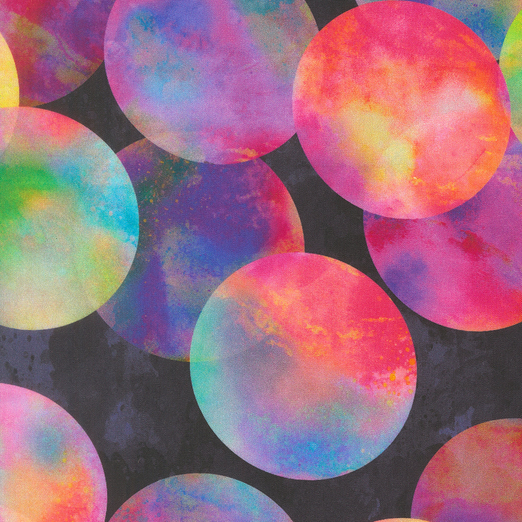 A seamless pattern featuring overlapping translucent circles filled with watercolor-like pastel and neon color gradients on a dark textured background.