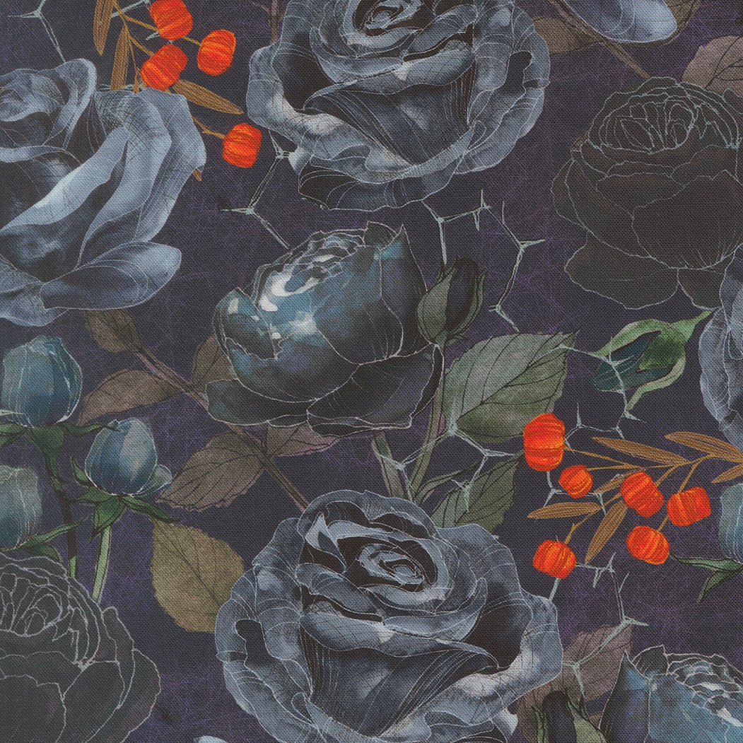 Floral pattern with roses and berries on a dark background