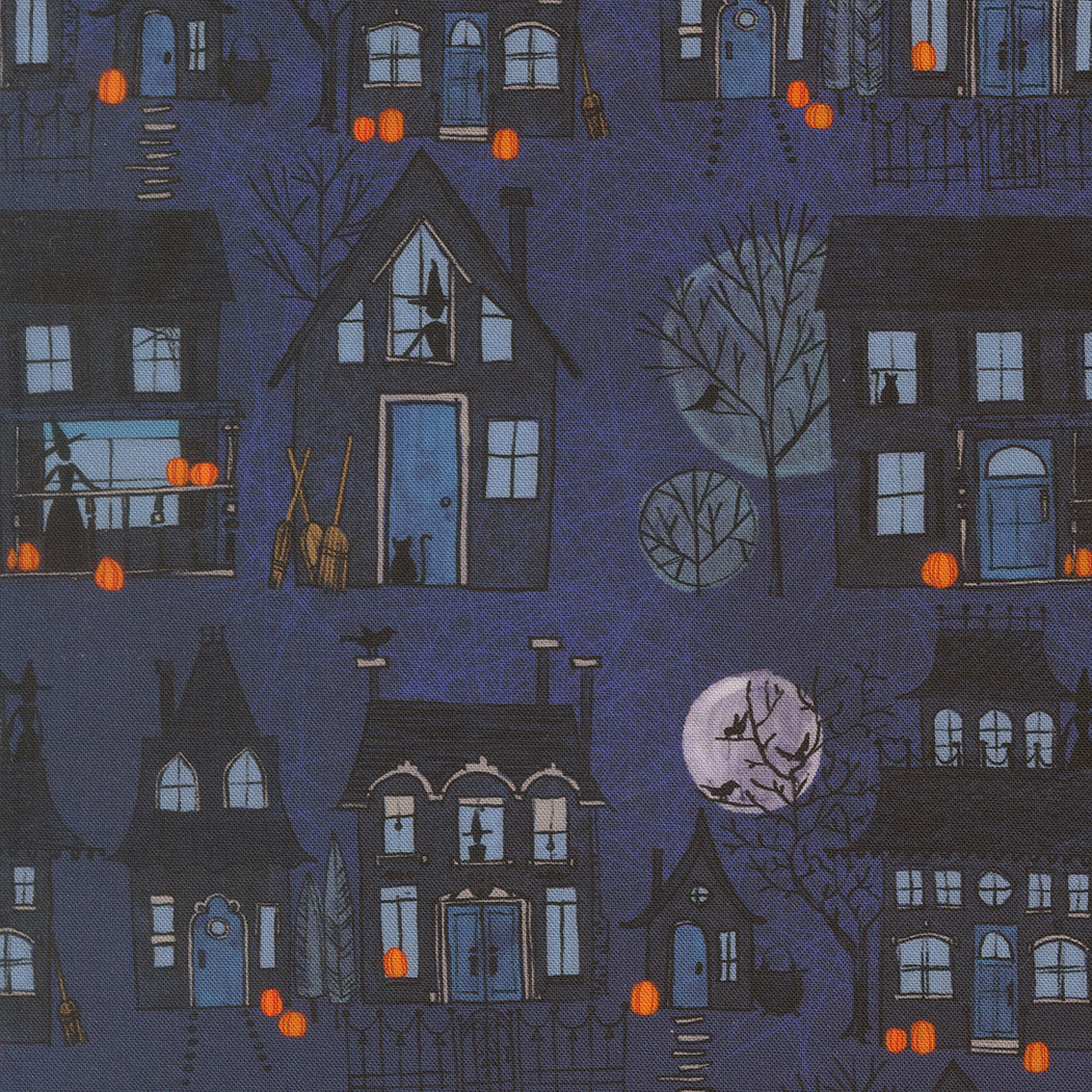 Halloween-themed pattern with houses, pumpkins, and a full moon on a dark blue background.
