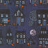 Halloween-themed pattern with houses, pumpkins, and a full moon on a dark blue background.