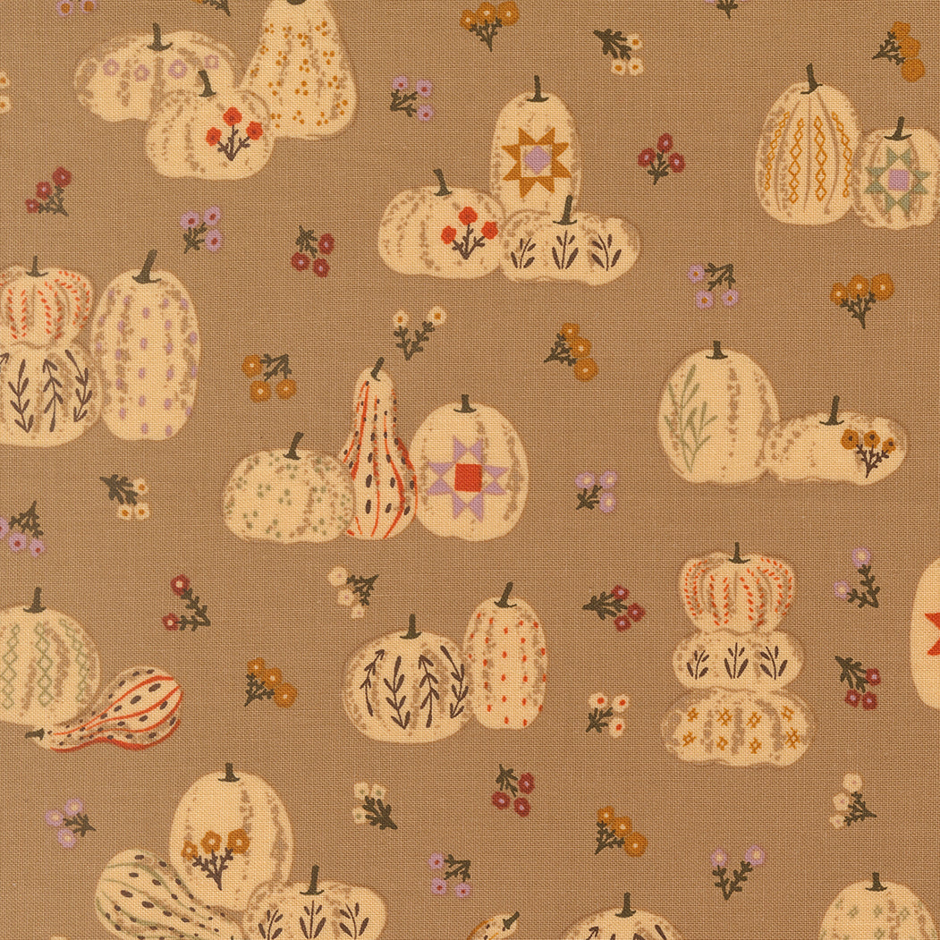 Pattern of decorative pumpkins and gourds on a beige background