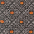 Patterned fabric with orange pumpkins and gray floral design on a black background