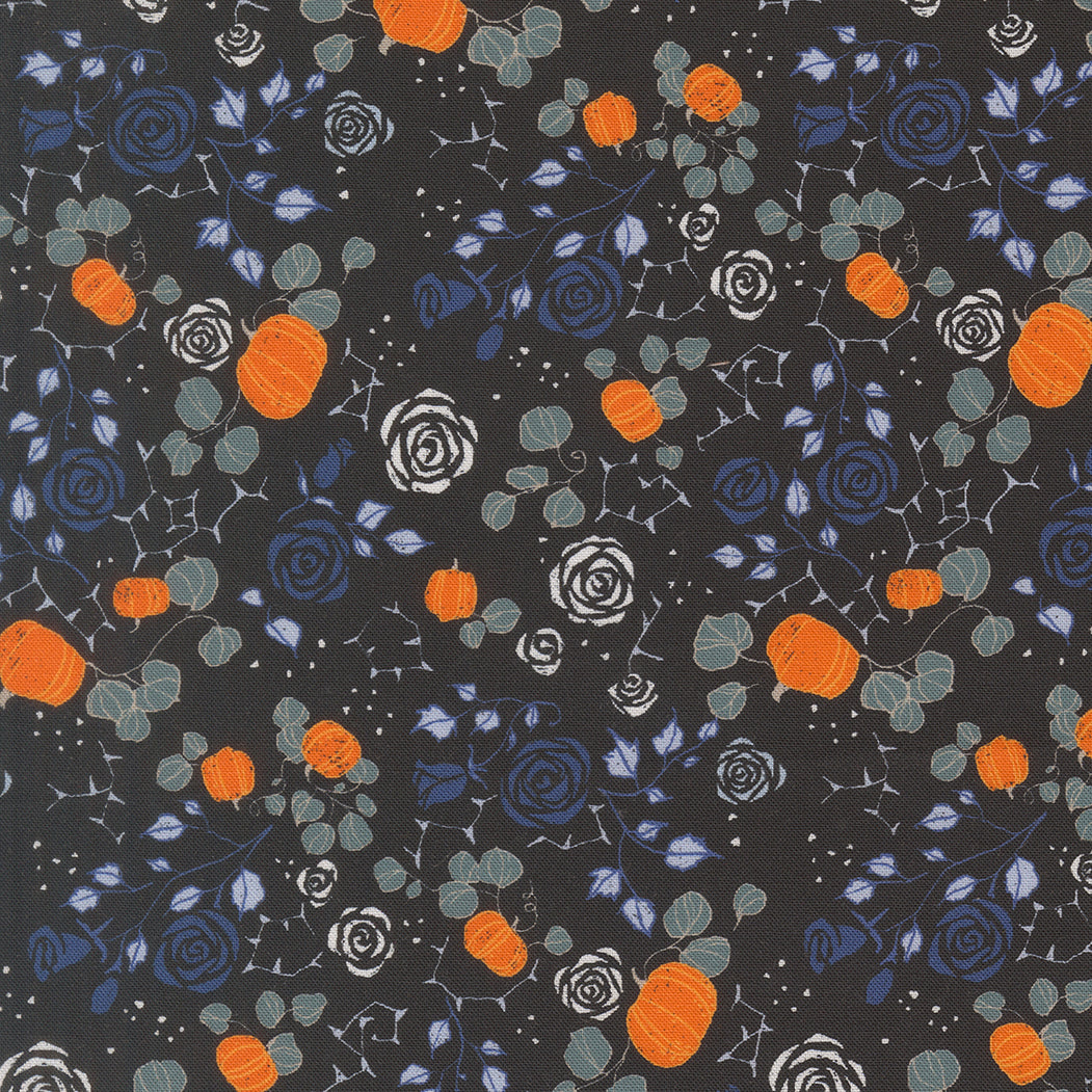 Halloween-themed pattern with pumpkins and flowers on a dark background