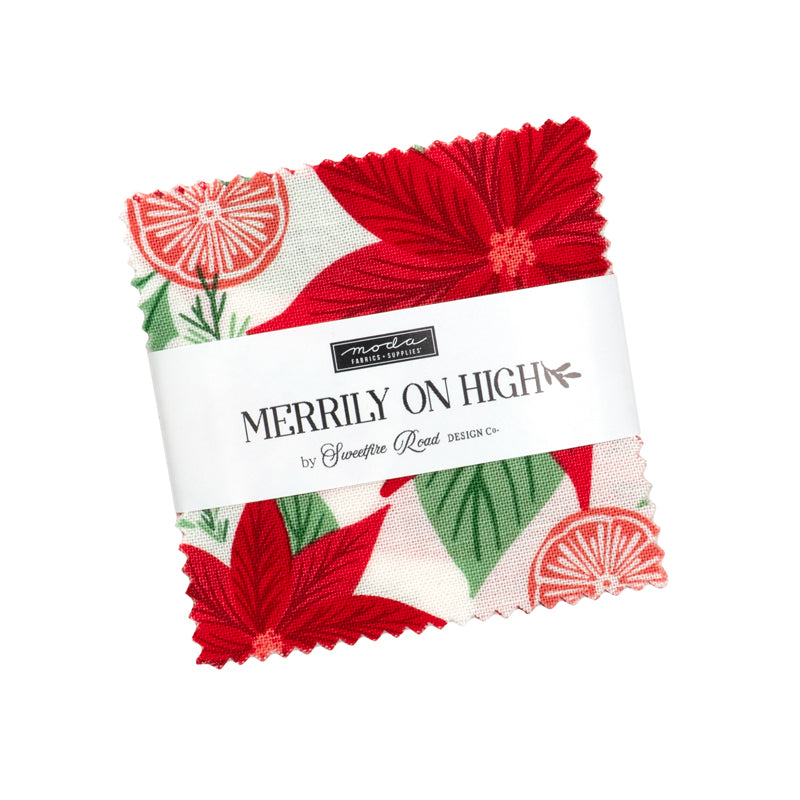 Fabric bundle with red and green floral pattern labeled 'Merrily on High' on a white background