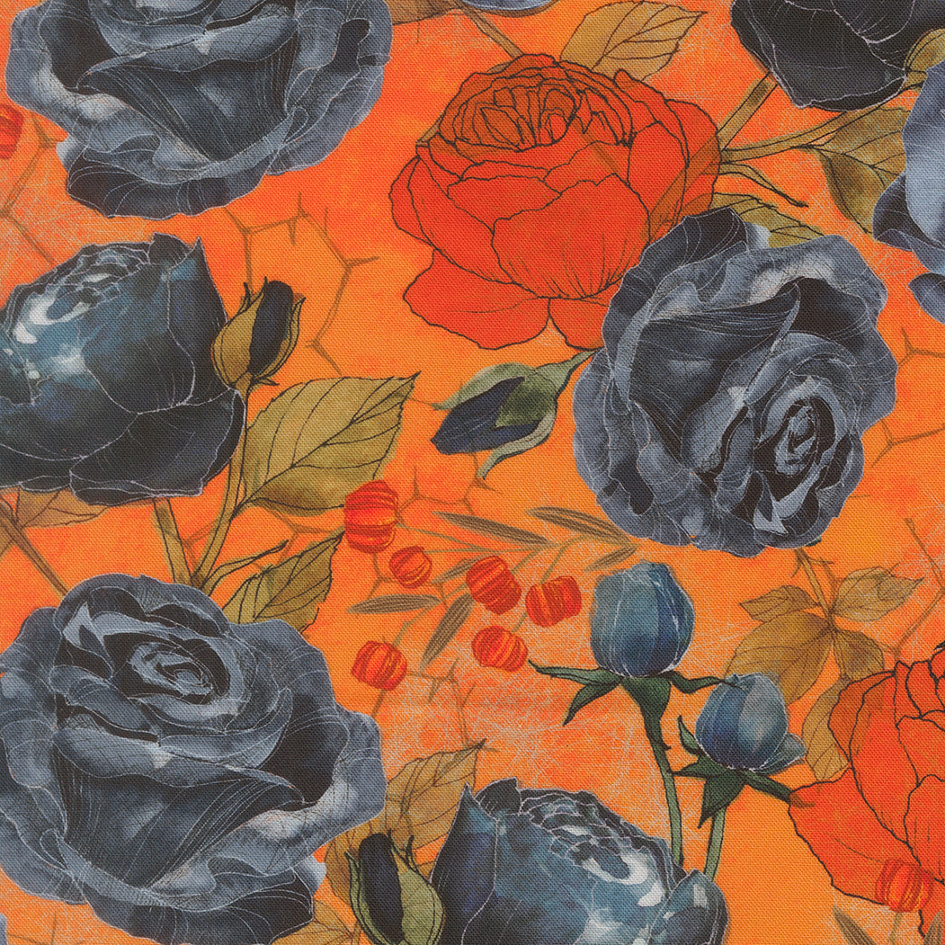 Pattern of black and red roses on an orange background