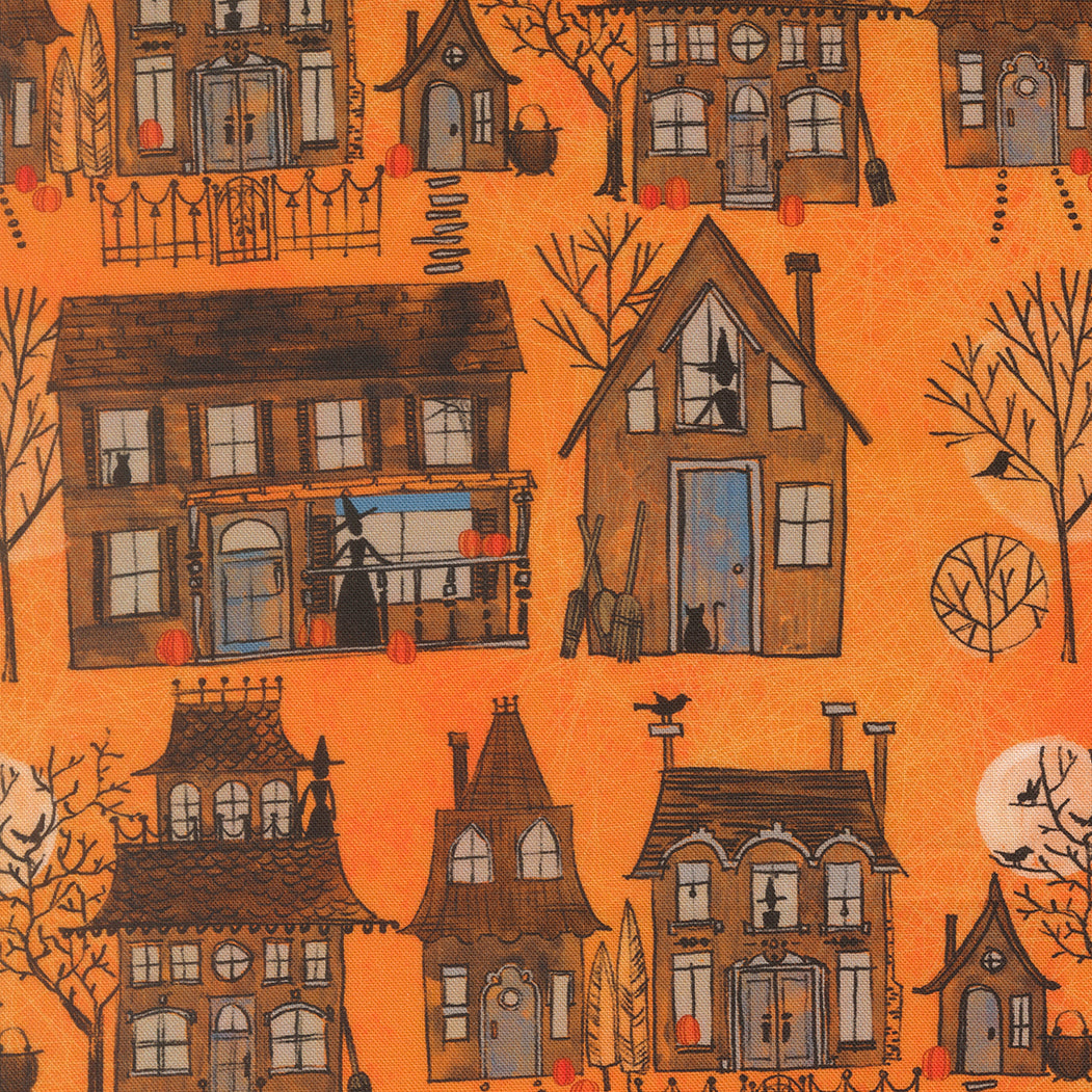 Pattern of Halloween-themed houses and trees on an orange background