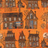 Pattern of Halloween-themed houses and trees on an orange background
