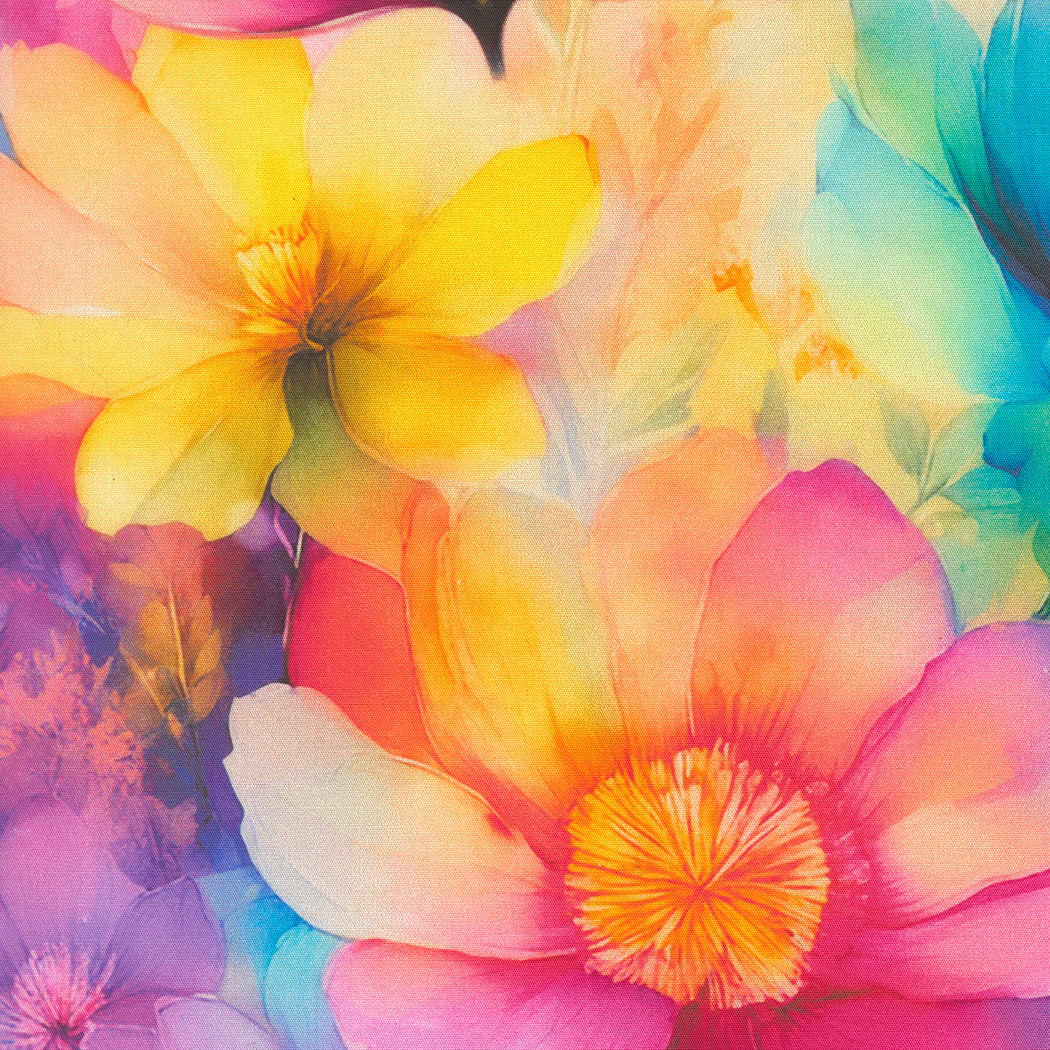Vibrant abstract floral artwork with large watercolor-style flowers in yellow, pink, orange, blue, and purple tones.
