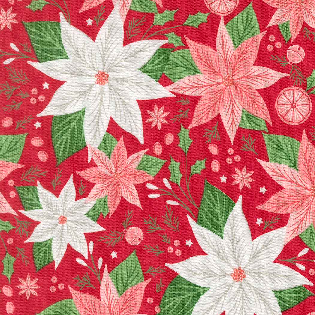 Pattern of poinsettias and holly leaves on a red background