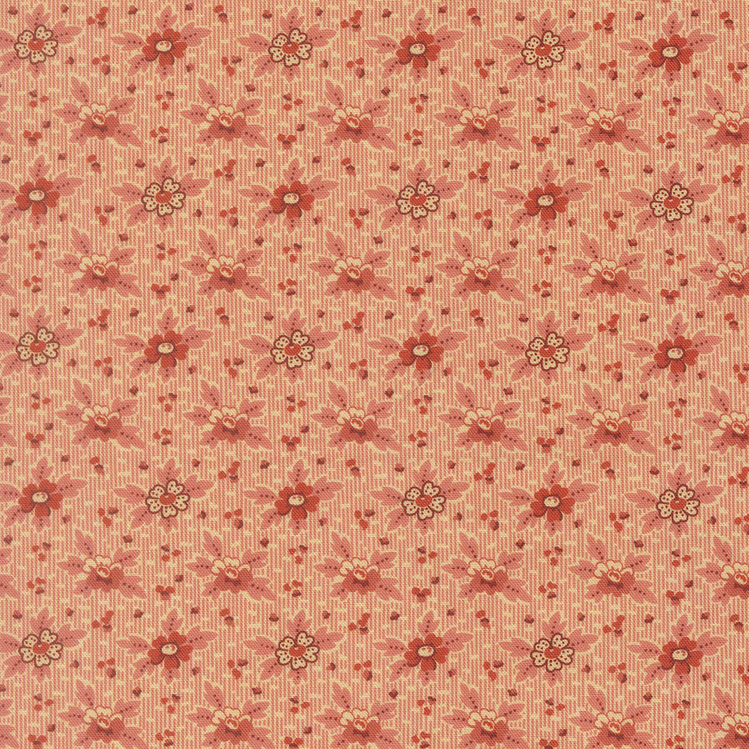 A repeating floral pattern on a warm beige background, featuring muted red and dusty rose flowers with small heart motifs throughout.