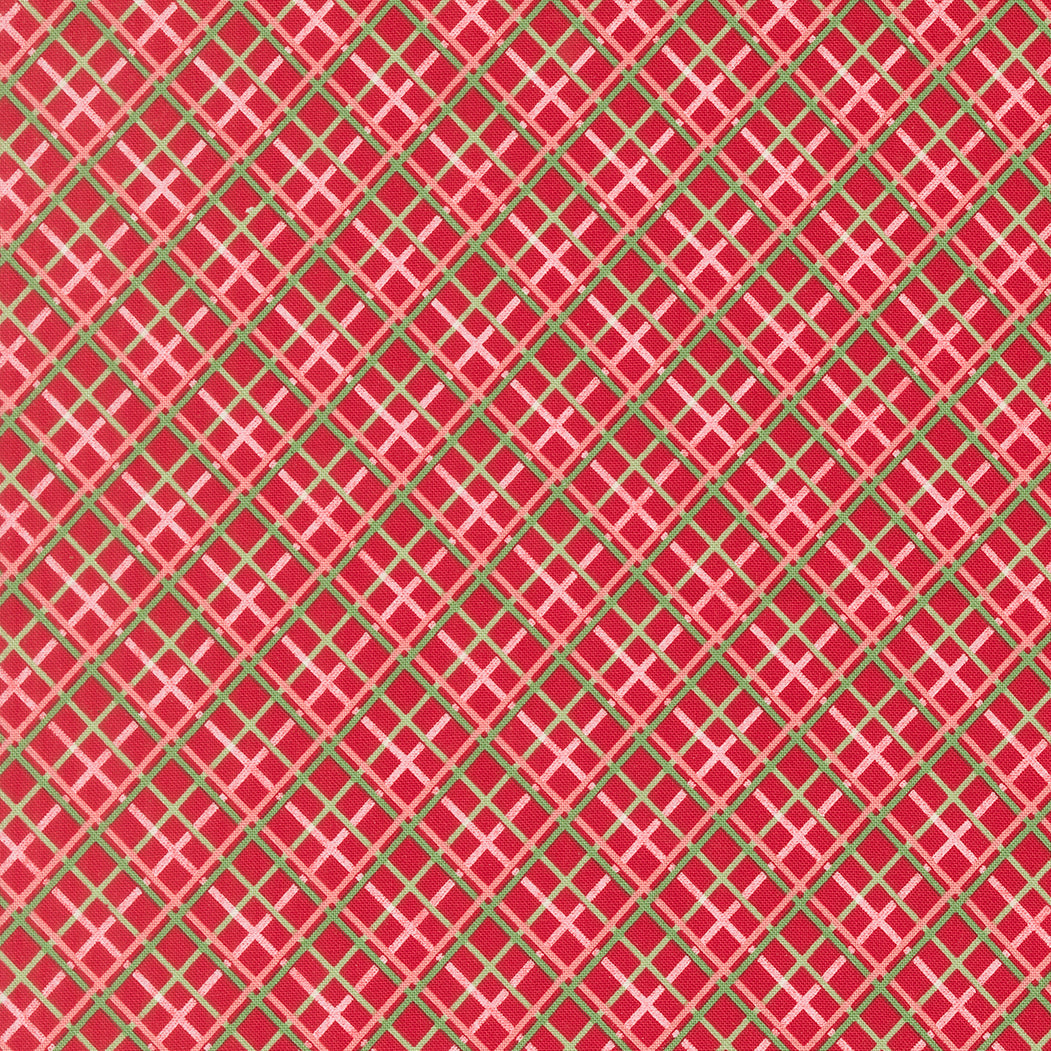 Red fabric with a green lattice pattern
