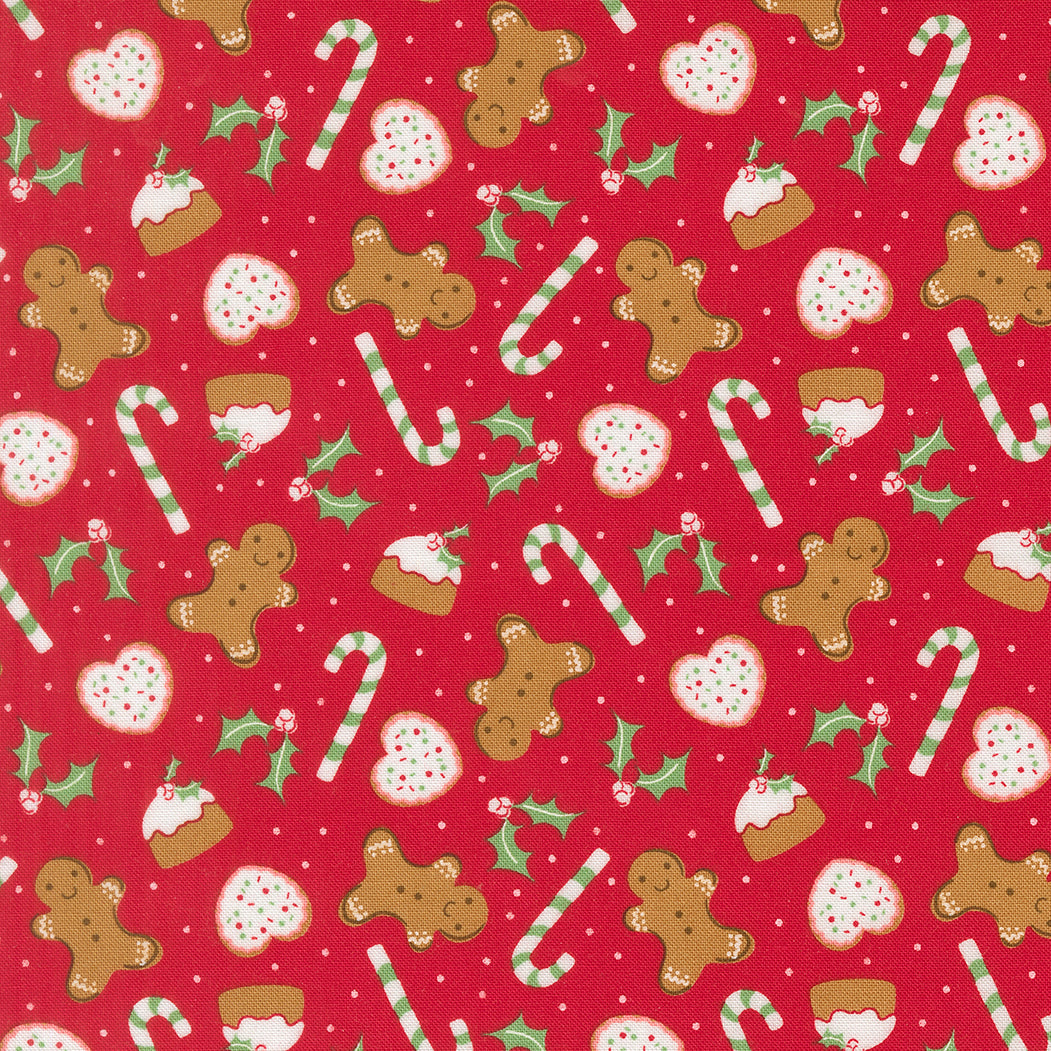 Christmas-themed pattern with gingerbread men, candy canes, and holly on a red background.