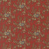 A close-up of a fabric pattern featuring a repeating floral design on a muted red background, with beige leaves and stems and small blue flower accents.