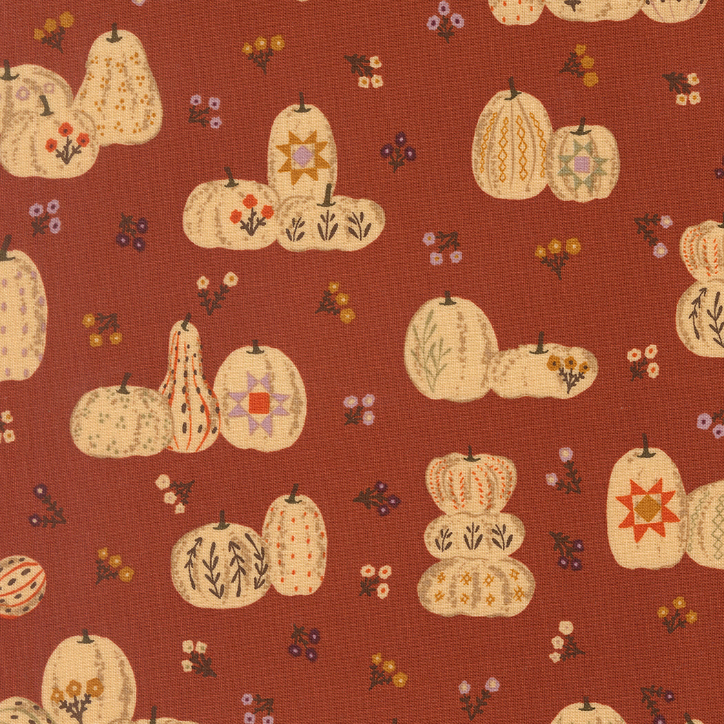 Pattern of decorative pumpkins and gourds on a brown background
