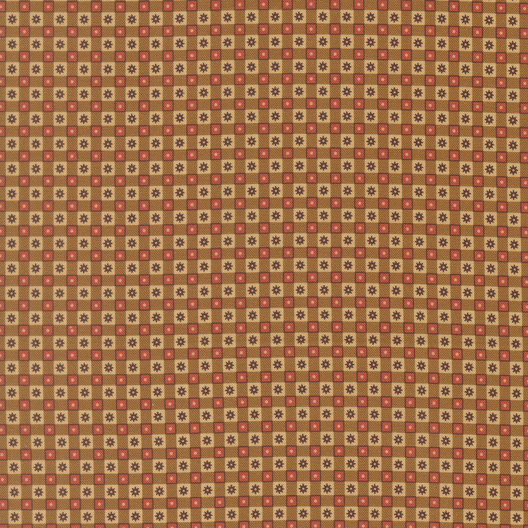A repeating patterned fabric design featuring a grid of brown squares with small red floral motifs and dark brown paw prints in the center.