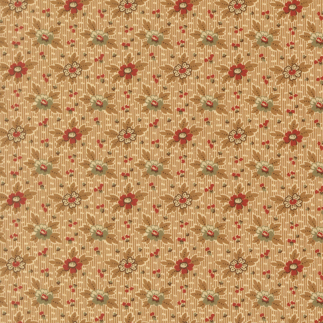 A repeating vintage floral pattern on a beige background with vertical stripes, featuring red flowers, green leaves, and small white blossoms.