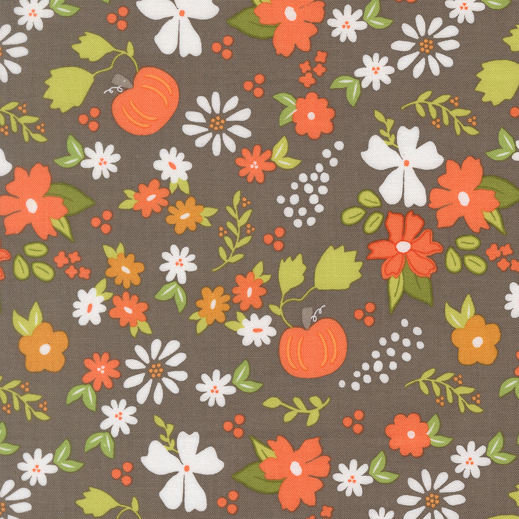 Floral pattern with pumpkins and berries on a gray background