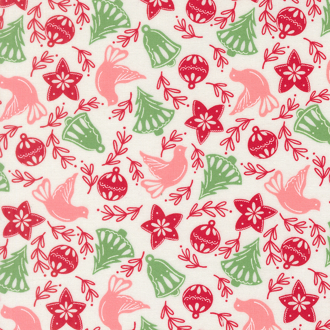 Christmas-themed pattern with red and green trees, stars, and birds on a white background.