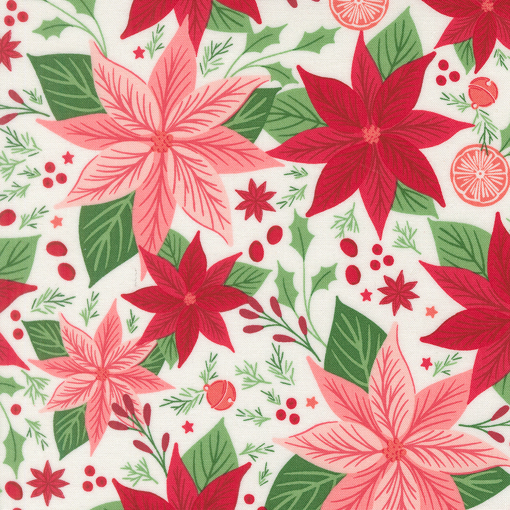 Pattern of red and pink poinsettias with green leaves on a white background