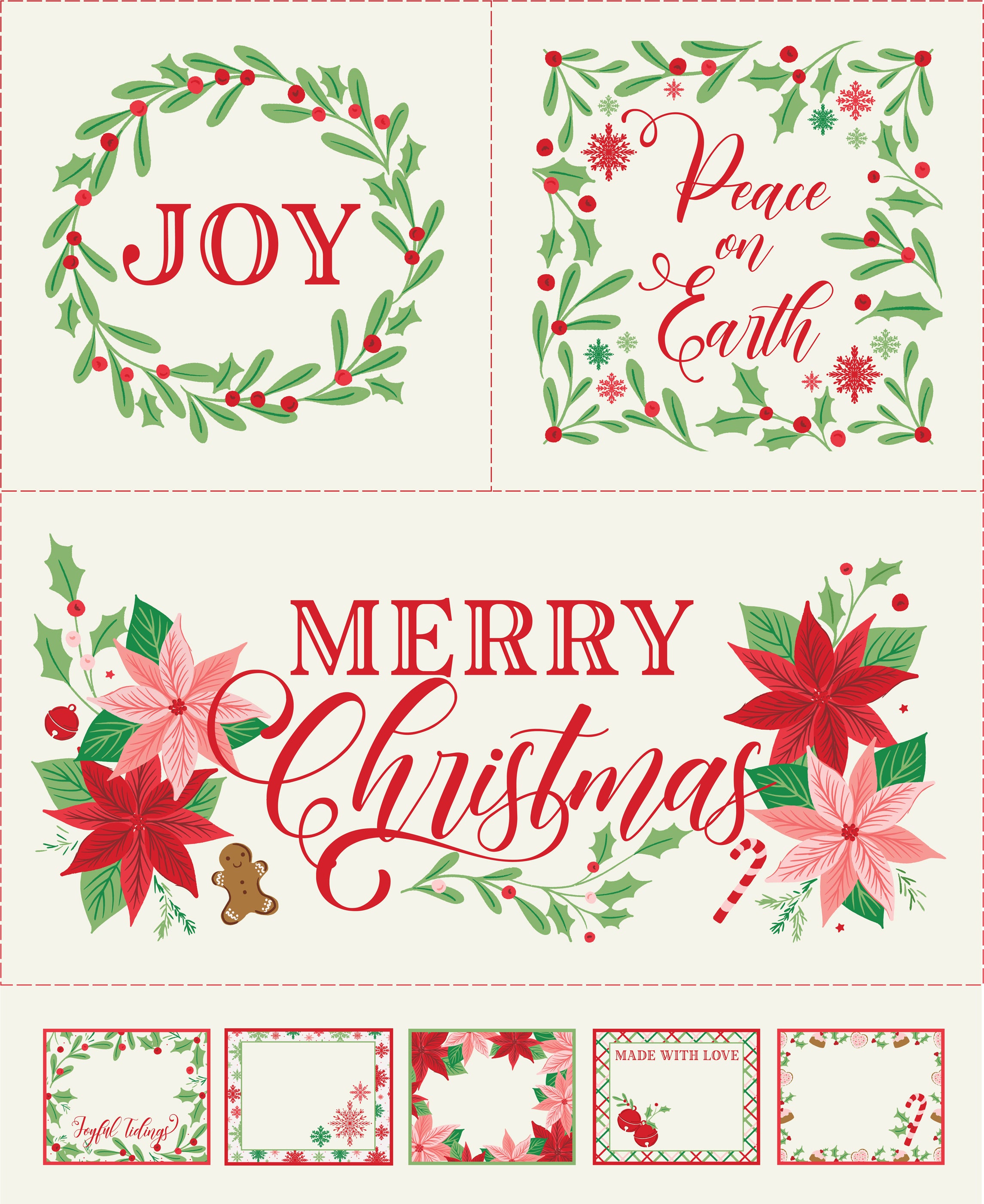 Set of Christmas-themed designs with wreaths, poinsettias, and text on a white background.