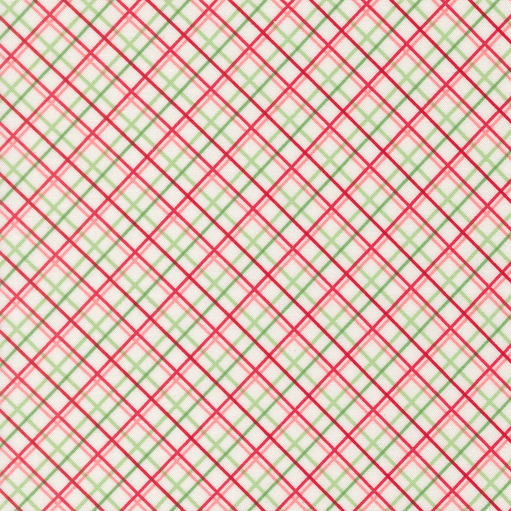 Diagonal plaid pattern with red and green lines on a white background