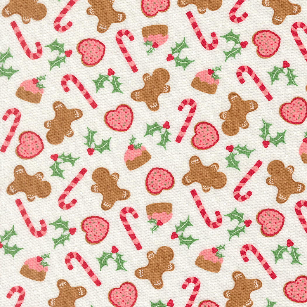 Pattern of gingerbread men, candy canes, and holly leaves on a white background