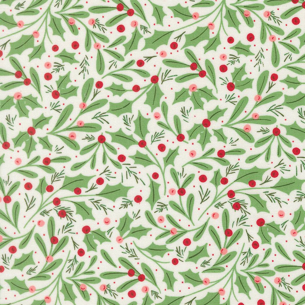 Pattern of green leaves and red berries on a white background