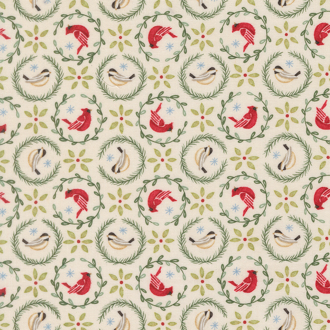 Fabric Moda Snowy White Tiny Birds in Wreaths When Snow Falls by the Quarter Yard 56173-11