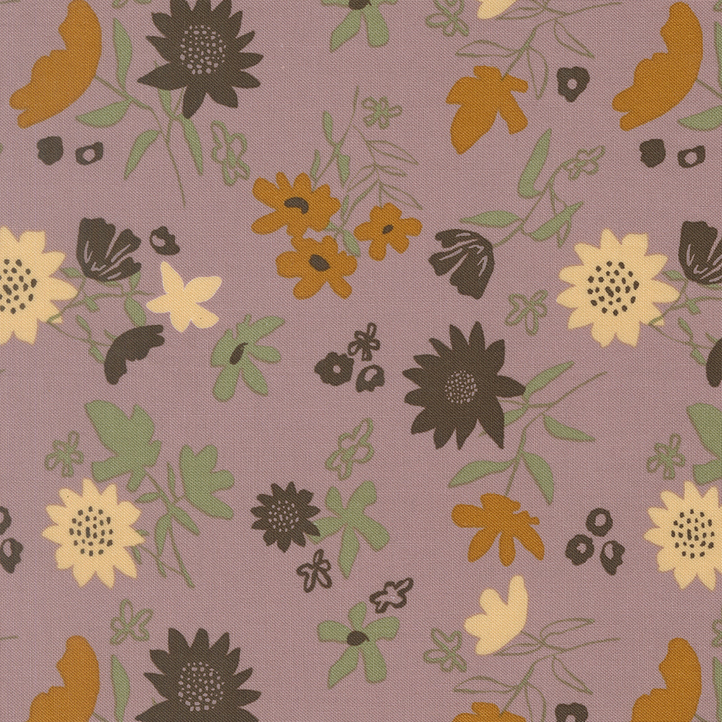 Floral pattern with flowers and leaves on a purple background