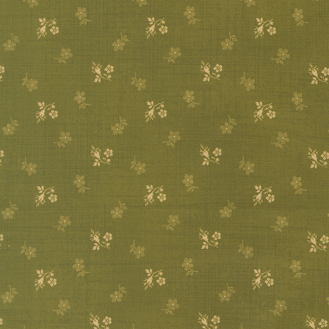 Olive green fabric with a repeating pattern of small cream-colored flowers and leaves.