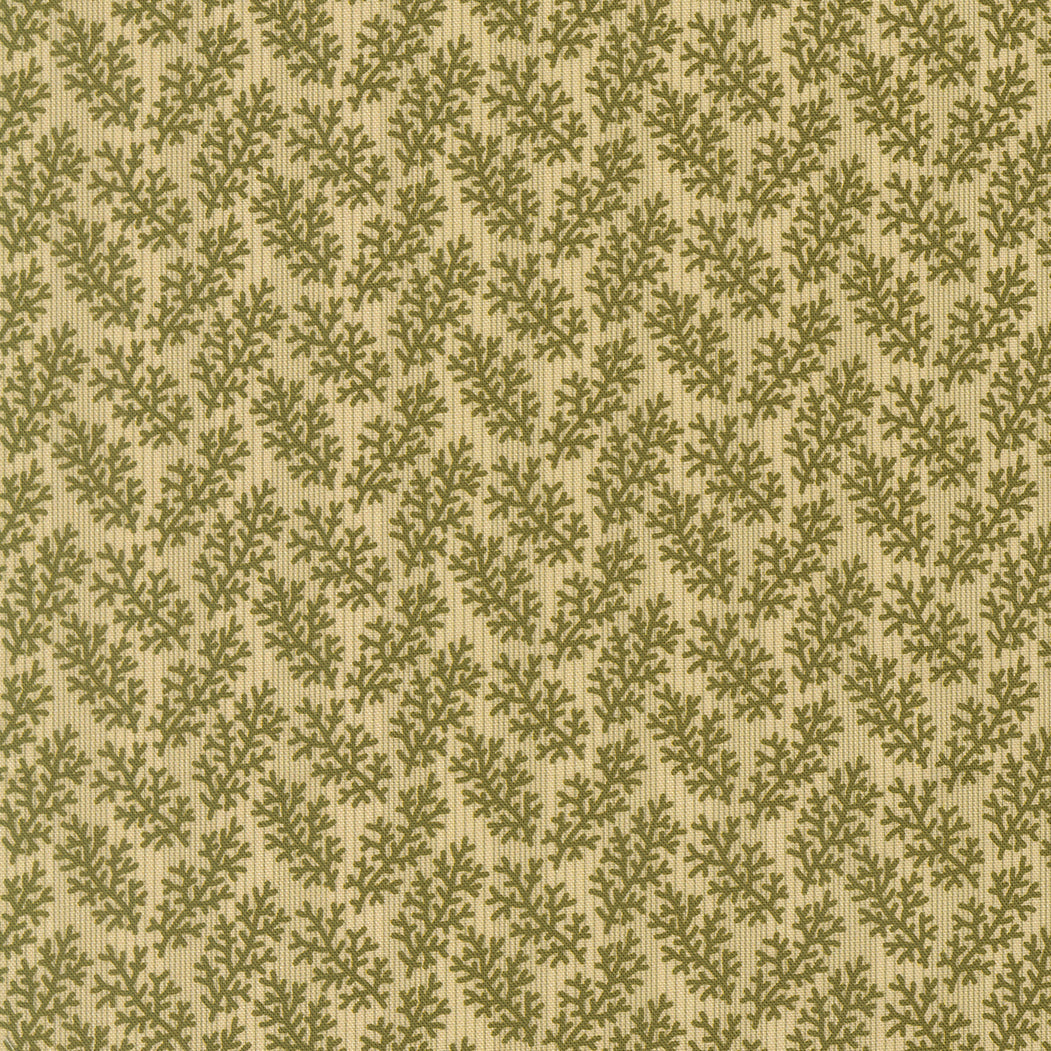 A close-up of a repeating botanical pattern with olive green leafy motifs on a warm beige background.