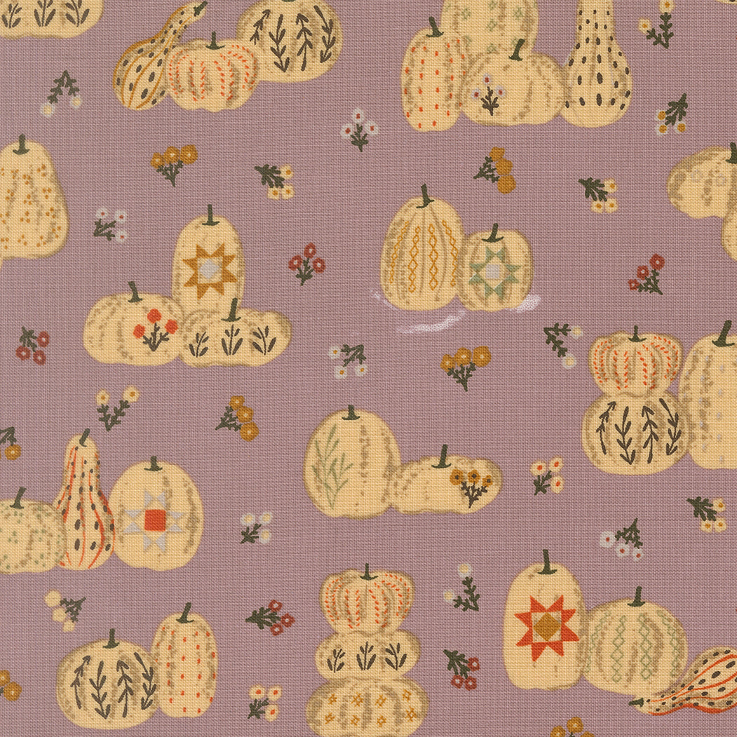 Pattern of pumpkins and gourds on a purple background