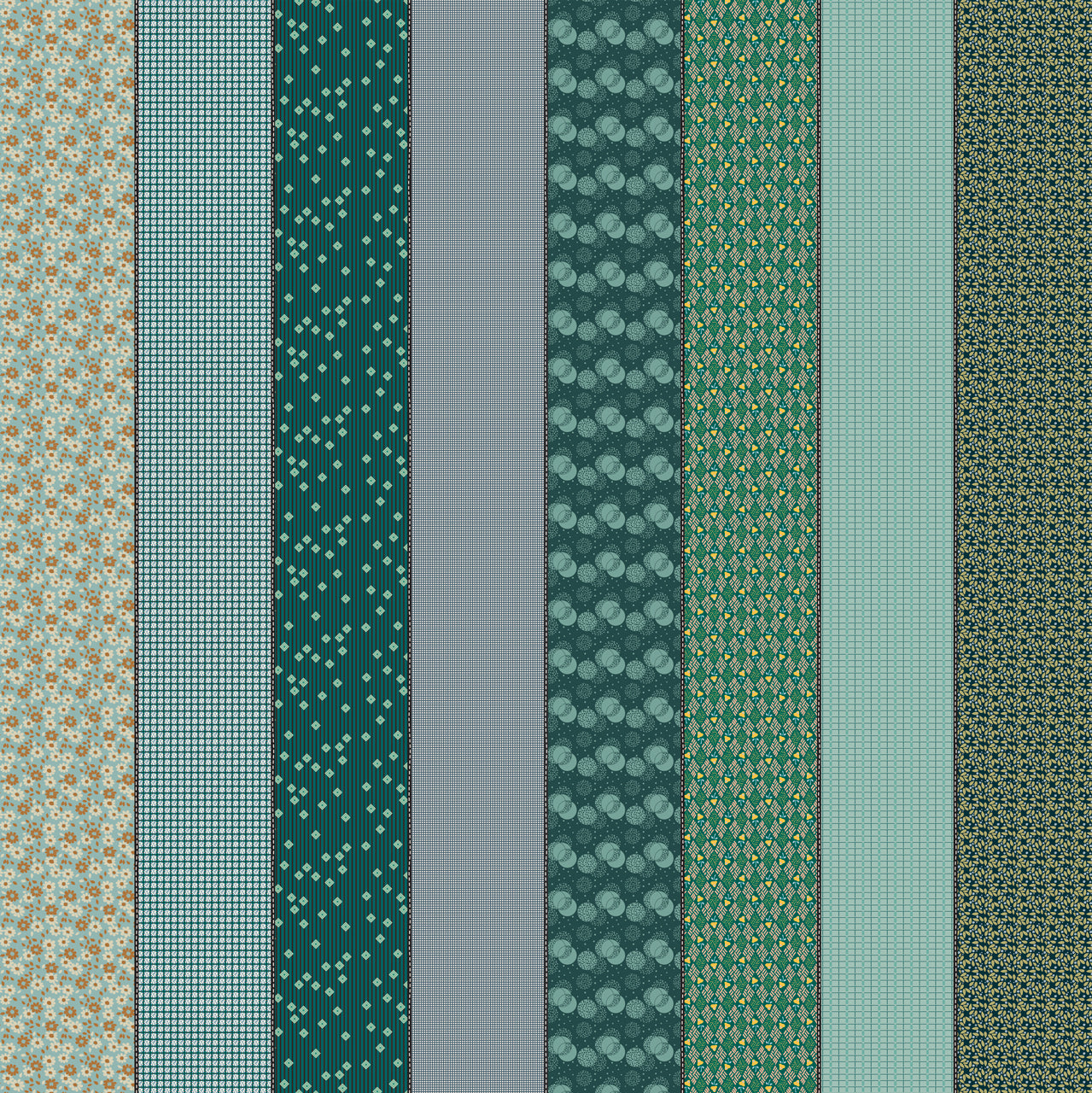 Patterned fabric swatches in various green tones arranged in a grid.