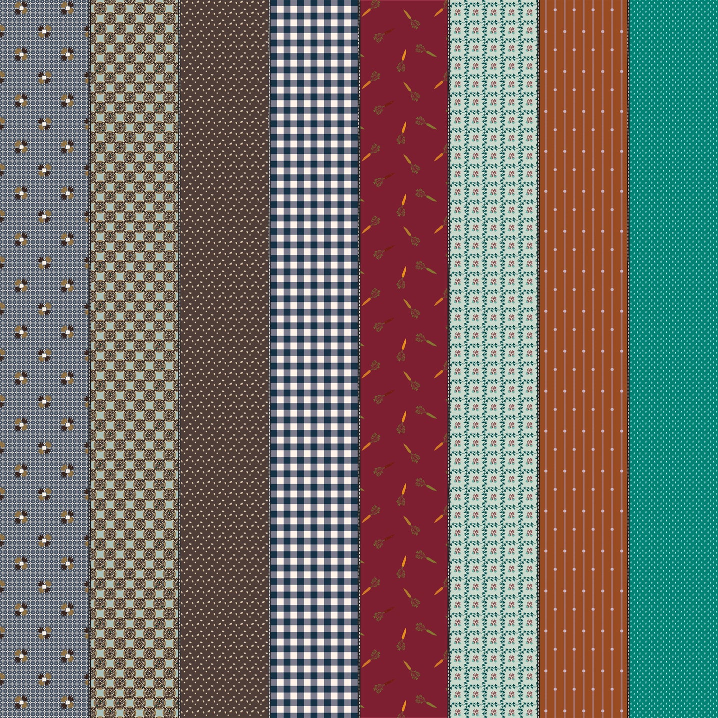 Collection of various patterned fabric swatches arranged in a grid.